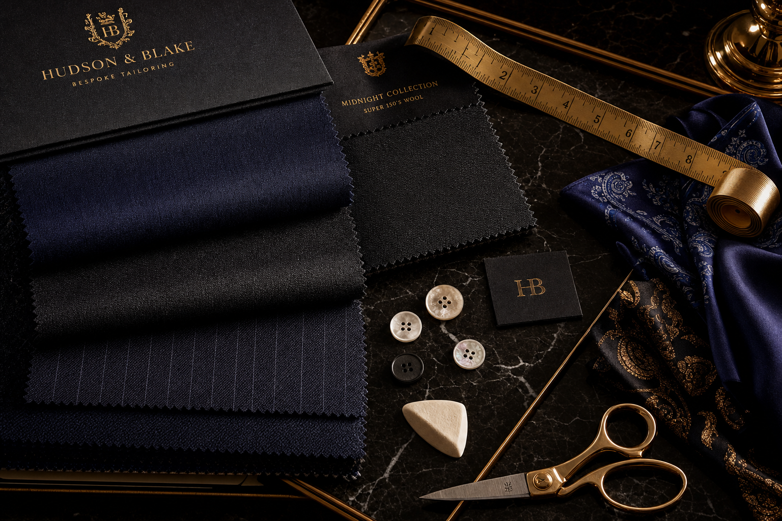 Premium bespoke fabric swatches, gold measuring tape and tailoring tools on dark marble