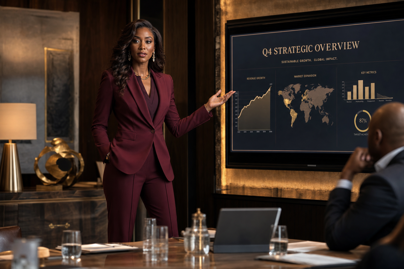 Black female executive in burgundy bespoke suit presenting in a luxury boardroom