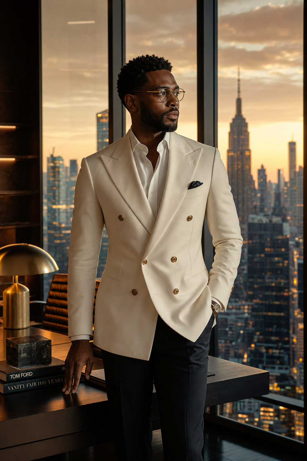 Black male entrepreneur in ivory double-breasted blazer in luxury penthouse office at sunset
